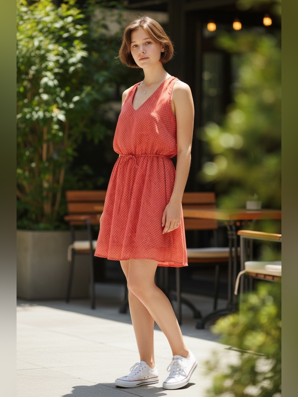 BeBop Orange Coral & White Polka Dot Sleeveless Dress Size Small Stretch Waist